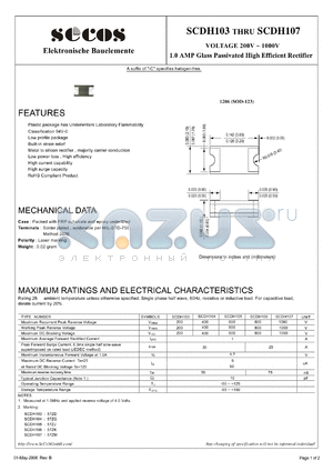 SCDH105 datasheet - VOLTAGE 200V ~ 1000V 1.0 AMP Glass Passivated High Efficient Rectifier