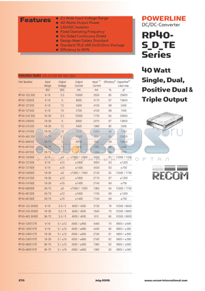 RP40-4815DE datasheet - 40 Watt Single, Dual, Positive Dual & Triple Output