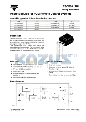 TSOP2830SB1 datasheet - Photo Modules for PCM Remote Control Systems