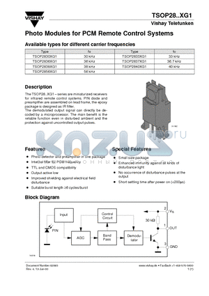 TSOP2830XG1 datasheet - Photo Modules for PCM Remote Control Systems
