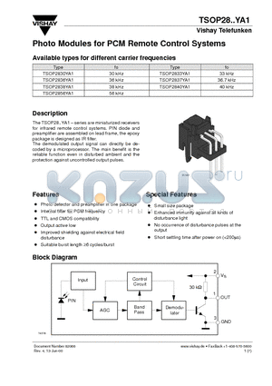 TSOP2833YA1 datasheet - Photo Modules for PCM Remote Control Systems