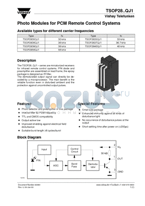 TSOP2833QJ1 datasheet - Photo Modules for PCM Remote Control Systems