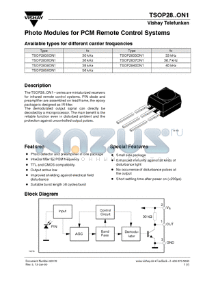 TSOP2836ON1 datasheet - Photo Modules for PCM Remote Control Systems