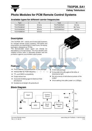 TSOP2837SA1 datasheet - Photo Modules for PCM Remote Control Systems