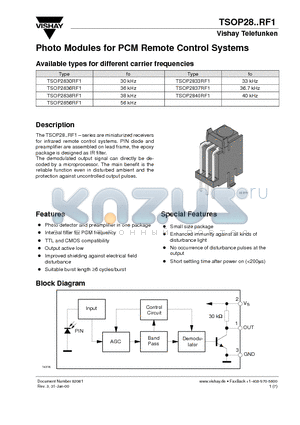 TSOP2840RF1 datasheet - Photo Modules for PCM Remote Control Systems