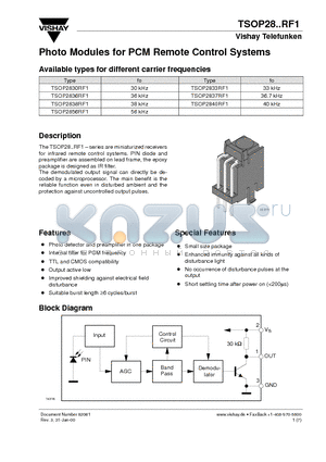 TSOP2856RF1 datasheet - Photo Modules for PCM Remote Control Systems