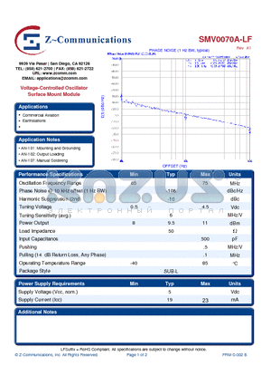 SMV0070A-LF datasheet - Voltage-Controlled Oscillator Surface Mount Module