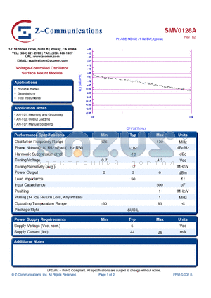 SMV0128A_10 datasheet - Voltage-Controlled Oscillator Surface Mount Module