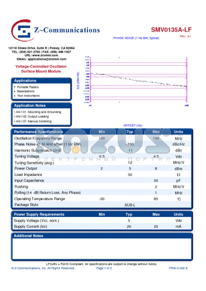 SMV0135A-LF datasheet - Voltage-Controlled Oscillator Surface Mount Module