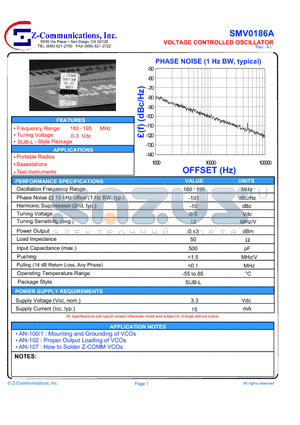 SMV0186A datasheet - LOW COST - HIGH PERFORMANCE VOLTAGE CONTROLLED OSCILLATOR