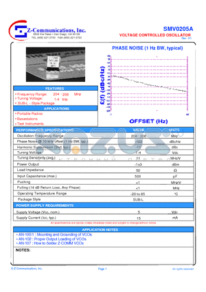 SMV0205A datasheet - LOW COST - HIGH PERFORMANCE VOLTAGE CONTROLLED OSCILLATOR