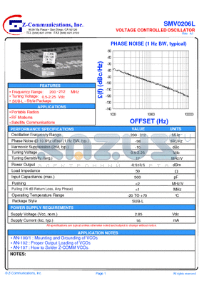 SMV0206L datasheet - LOW COST -  HIGH PERFORMANCE VOLTAGE CONTROLLED OSCILLATOR