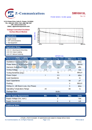 SMV0915L_10 datasheet - Voltage-Controlled Oscillator Surface Mount Module