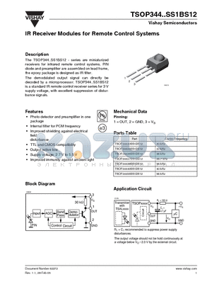 TSOP34438SS1BS12 datasheet - IR Receiver Modules for Remote Control Systems