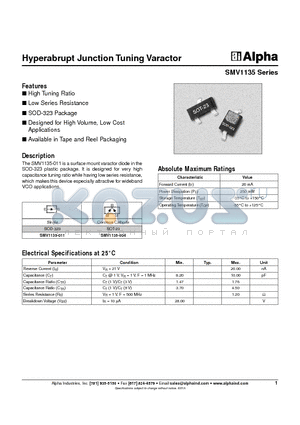 SMV1135-011 datasheet - Hyperabrupt Junction Tuning Varactor