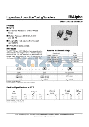 SMV1129-011 datasheet - Hyperabrupt Junction Tuning Varactors