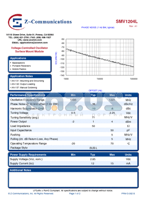 SMV1204L_10 datasheet - Voltage-Controlled Oscillator Surface Mount Module