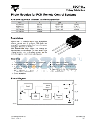 TSOP4138 datasheet - Photo Modules for PCM Remote Control Systems