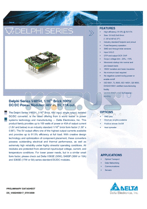 V48SH05020NNFA datasheet - Delphi Series V48SH, 1/16th Brick 100W DC/DC Power Modules: 48V in, 5V, 17A out