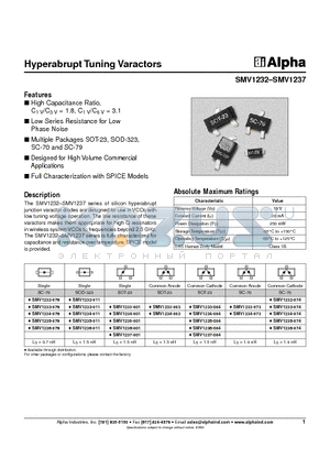 SMV1233-074 datasheet - Hyperabrupt Tuning Varactors