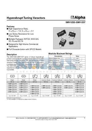 SMV1234-003 datasheet - Hyperabrupt Tuning Varactors