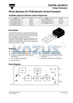 TSOP4830SS1BS12 datasheet - Photo Modules for PCM Remote Control Systems