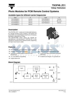 TSOP4837ZC1 datasheet - Photo Modules for PCM Remote Control Systems
