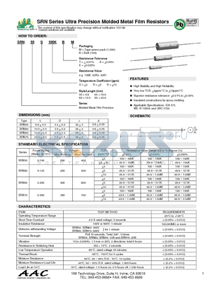 SRN55R100KAB datasheet - SRN Series Ultra Precision Molded Metal Film Resistors