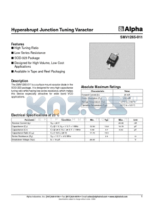SMV1265-011 datasheet - Hyperabrupt Junction Tuning Varactor