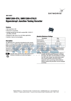 SMV1269-074 datasheet - Hyperabrupt Junction Tuning Varactor