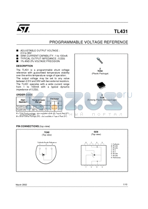 TL431 datasheet - PROGRAMMABLE VOLTAGE REFERENCE