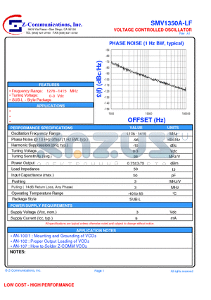 SMV1350A-LF datasheet - VOLTAGE CONTROLLED OSCILLATOR