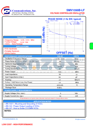 SMV1350B-LF datasheet - VOLTAGE CONTROLLED OSCILLATOR