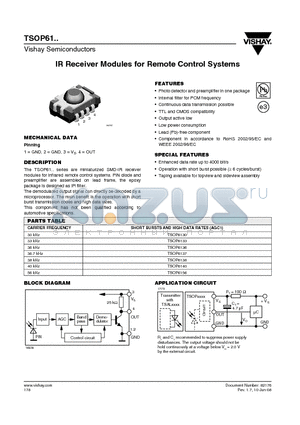 TSOP6137 datasheet - IR Receiver Modules for Remote Control Systems