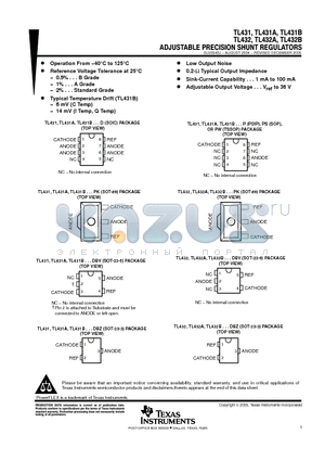 TL431 datasheet - ADJUSTABLE PRECISION SHUNT REGULATORS