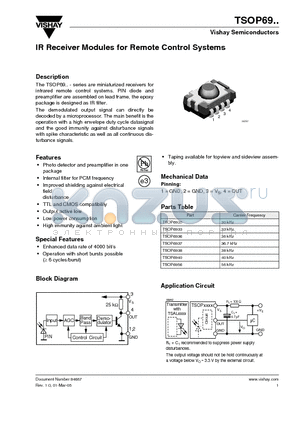 TSOP6938 datasheet - IR Receiver Modules for Remote Control Systems