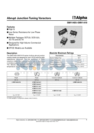 SMV1405-001 datasheet - Abrupt Junction Tuning Varactors