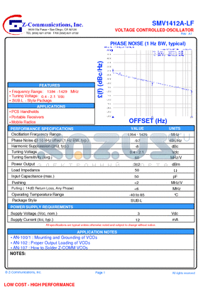 SMV1412A-LF datasheet - VOLTAGE CONTROLLED OSCILLATOR