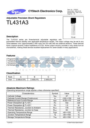 TL431A3 datasheet - Adjustable Precision Shunt Regulators