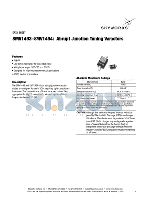 SMV1493-011 datasheet - Abrupt Junction Tuning Varactors