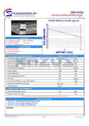 SMV1679A datasheet - VOLTAGE CONTROLLED OSCILLATOR