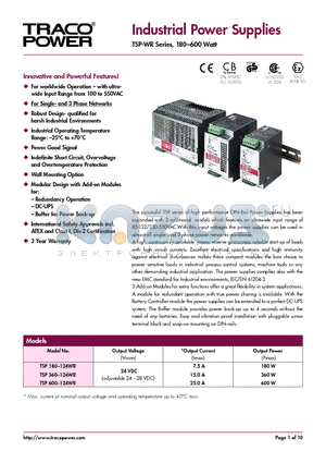 TSP-WR datasheet - Industrial Power Supplies (TSP-WR Series, 180-600 Watt)