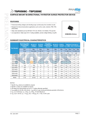 TSP075SC datasheet - SURFACE MOUNT BI-DIRECTIONAL THYRISTOR SURGE PROTECTOR DEVICE