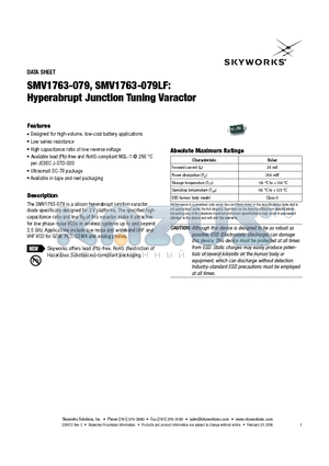 SMV1763-079 datasheet - Hyperabrupt Junction Tuning Varactor