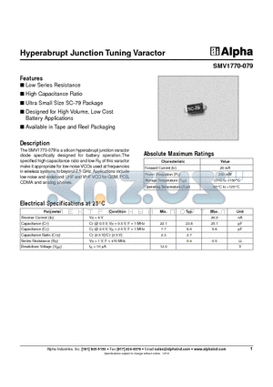 SMV1770-079 datasheet - Hyperabrupt Junction Tuning Varactor