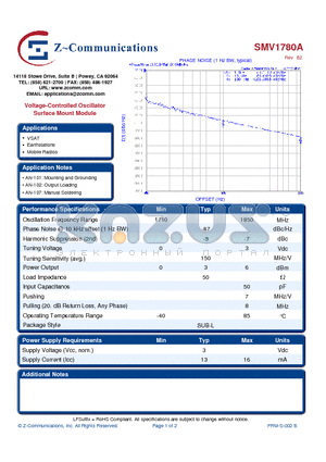 SMV1780A_10 datasheet - Voltage-Controlled Oscillator Surface Mount Module