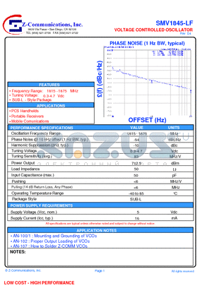 SMV1845-LF datasheet - VOLTAGE CONTROLLED OSCILLATOR