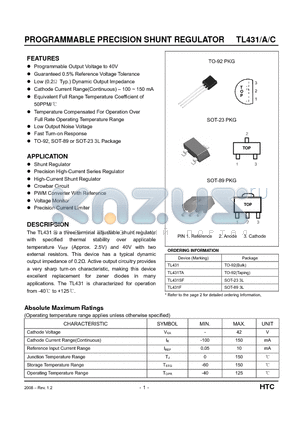TL431A datasheet - Programmable Output Voltage to 40V