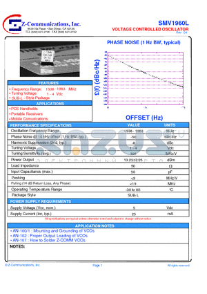SMV1960L datasheet - LOW COST - HIGH PERFORMANCE VOLTAGE CONTROLLED OSCILLATOR