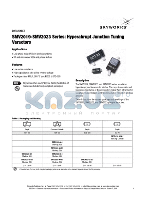 SMV2019 datasheet - Hyperabrupt Junction Tuning Varactors